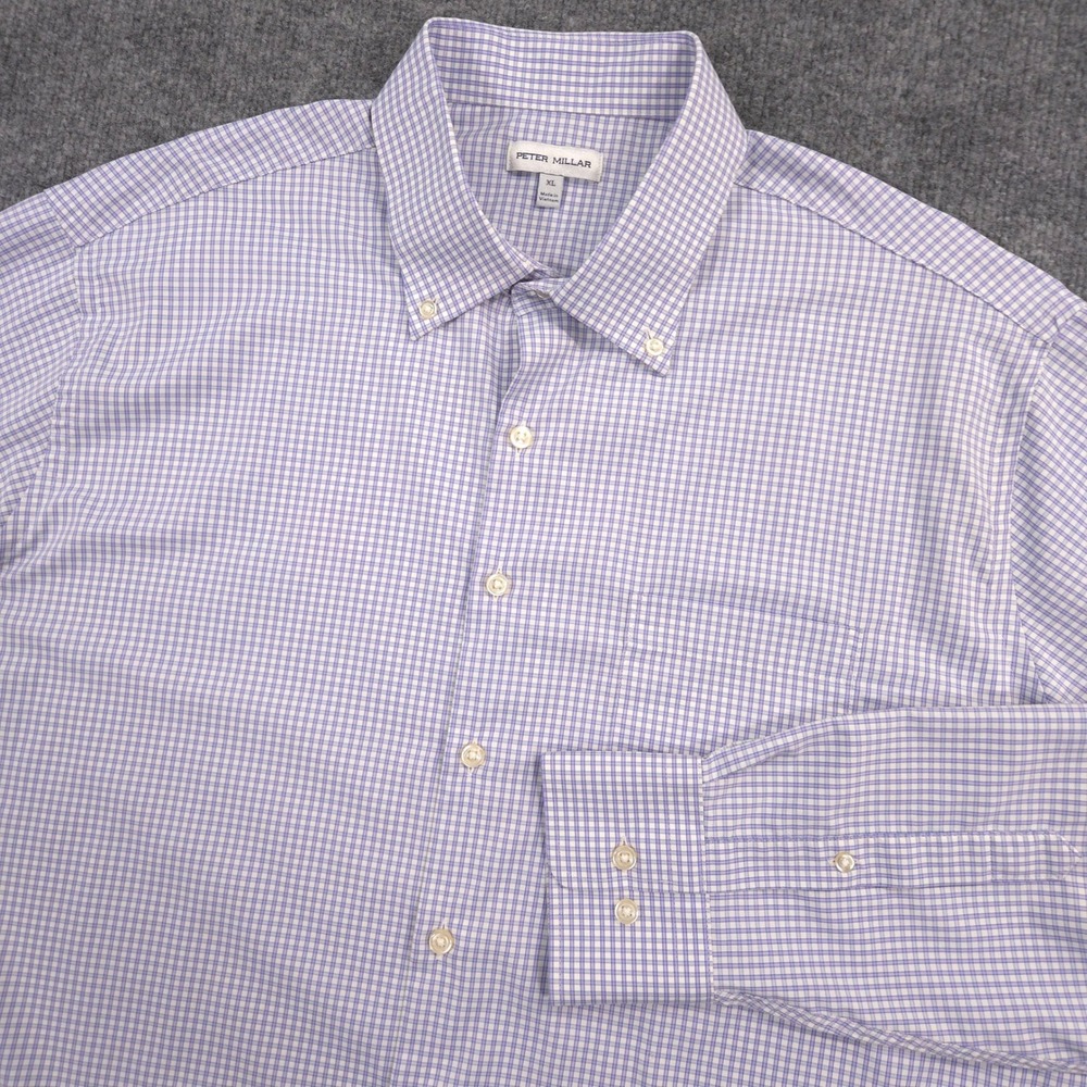 Peter Millar Shirt Mens XL Lavender Check Derwent Performance Twill Long Sleeve